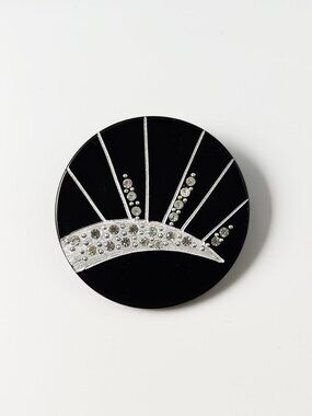 Vintage Black Lucite Rhinestone Brooch Retro